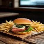 Wildleberkäs Burger mit Pommes auf Holztisch
