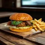 Knusperreh Burger mit Pommes auf Holztisch