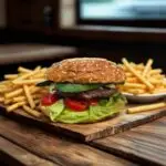 der "wüde" Partie Burger mit Pommes auf Holztisch